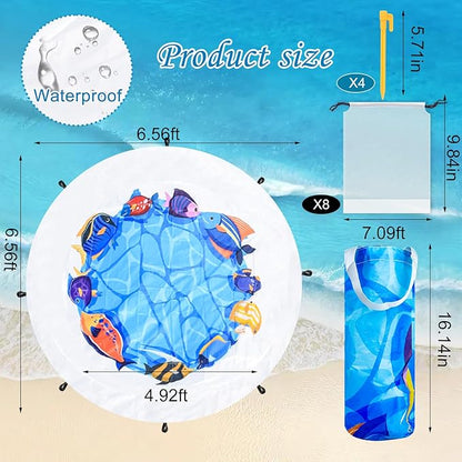 Dia 6.5Ft Baby Beach Pool, 2 in 1 Portable Round Kids Beach Play Pool Puddle Toddler Beach Blanket and Kiddie Pools Blue Cartoon Childs Sand Pit Paddling Pools with Water Bag for Boy Girl Outdoors