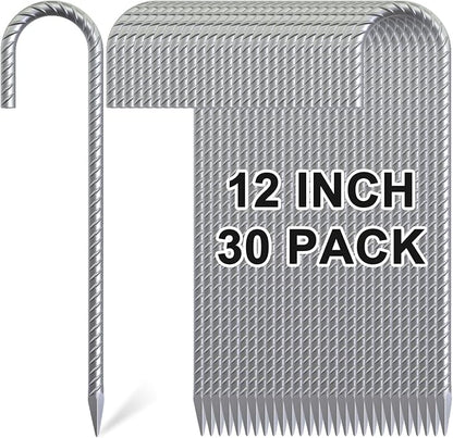Rebar Stakes 12 inch, 5/16" Diameter Heavy Duty J Hook Stakes 30 Pack, Galvanized Anti-Rust Ground Anchor Long Tent Stakes for Dog Fence Trompoline Swing Set