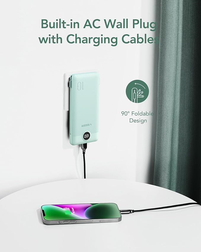 VEGER Portable Charger for iPhone with Built in Cables and Wall Plug, 10000mah Slim Fast Charging USB C Power Bank, Travel Essential Battery Pack Compatible with iPhone, iPad, Samsung etc(Green)