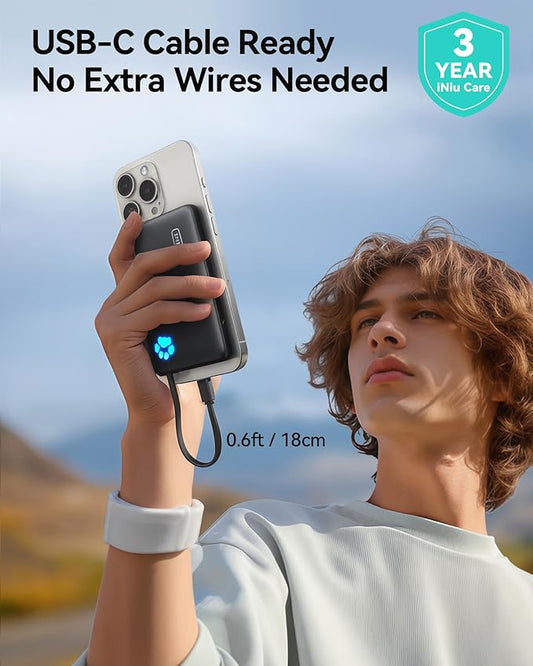 INIU Portable Charger, Slim 10000mAh Power Bank with Build in USB-C Cable, 20W Fast Charging Small Phone Charger, Flight Cruise Ship Trip Accessories Essentials for College Student Teen Boy Girl, Blue