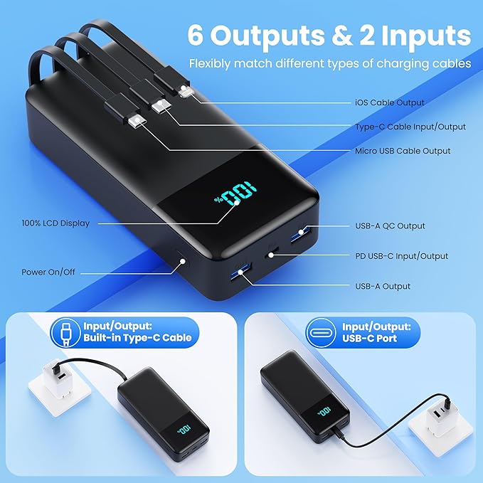 Portable Charger 50800mAh Power Bank with 3 Built in Cables,25W PD QC4.0 Fast Charging USB C Battery Pack,6 Outputs 2 Inputs LCD Display Portable Phone Charger for iPhone 16/15/14,Galaxy,Android etc