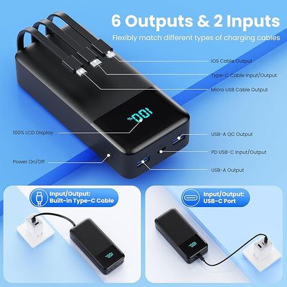Portable Charger 50800mAh Power Bank with 3 Built in Cables,25W PD QC4.0 Fast Charging USB C Battery Pack,6 Outputs 2 Inputs LCD Display Portable Phone Charger for iPhone 16/15/14,Galaxy,Android etc