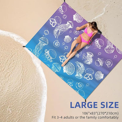 Beach Blanket Waterproof Sandproof Large Beach Mat 83" X 106" for 3-5 Adults Sand Free Mat Quick Drying,Lightweight & Durable with 4 Stakes & 4 Corner Pockets for Beach Camping .(Purple)