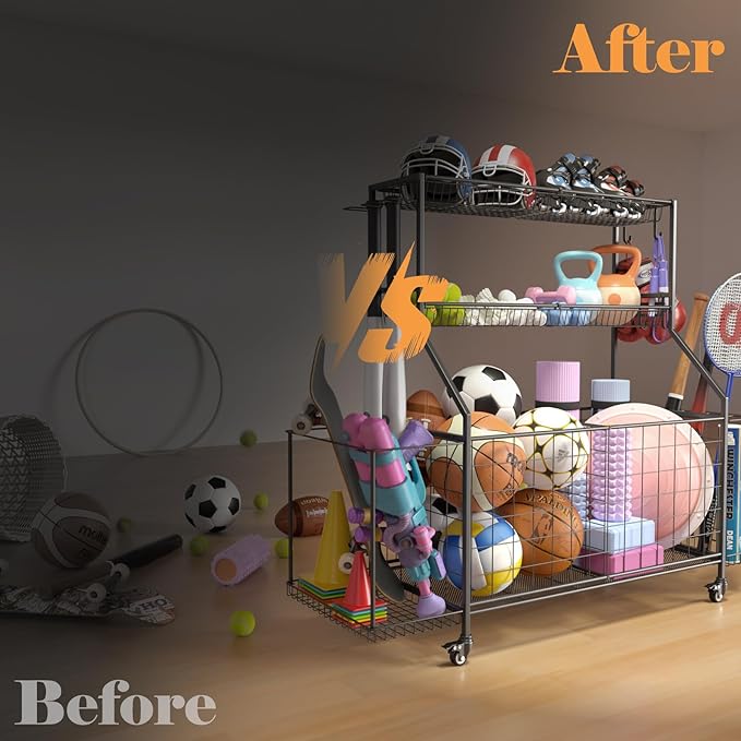 Sport Equipment Organizer, Garage Ball Storage Racks - Outdoor Toy Storage with 2 Side Racks & Removable Baskets, Heavy-Duty Garage Rolling Ball Cart with Wheels, Hooks for Sports Gear, Toys