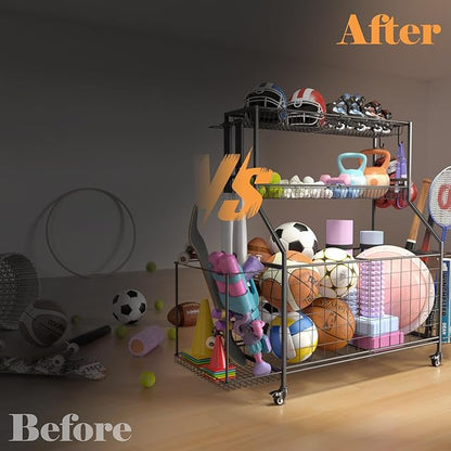Sport Equipment Organizer, Garage Ball Storage Racks - Outdoor Toy Storage with 2 Side Racks & Removable Baskets, Heavy-Duty Garage Rolling Ball Cart with Wheels, Hooks for Sports Gear, Toys