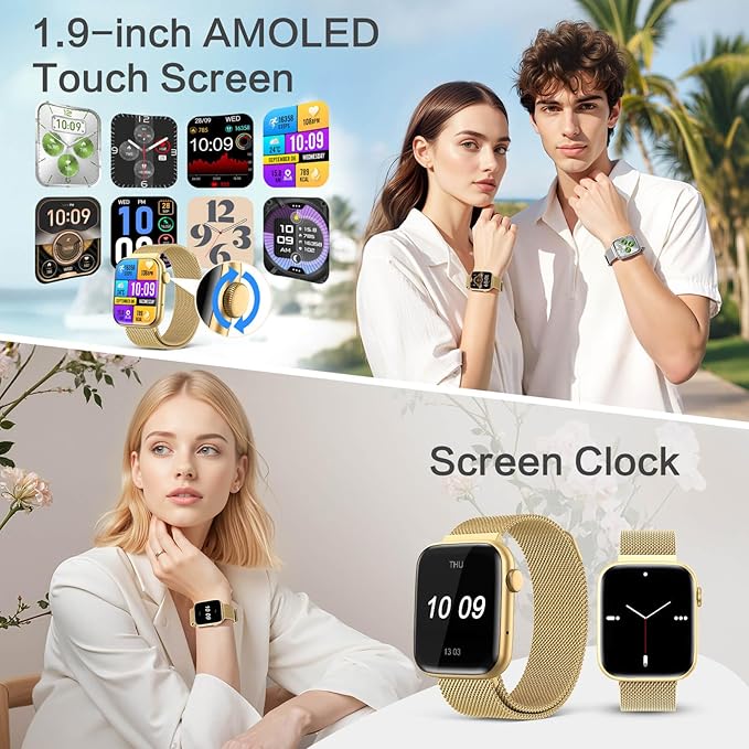 2025 Smart Watches for Women Men Blood Pressure, 1.9"AMOLED Display,AI Watch Face/Da GPT AI/AI Voice, 24/7 Heart Rate Stress Sleep Monitor, IP68 Waterproof, 123 Sports Fitness Tracker for Android iOS