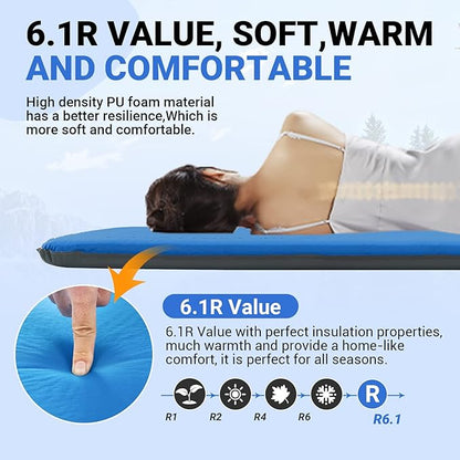 KingCamp Self Inflating Air Mattress, R 6.5 Foam Sleeping Pad for Single Adult 3" Thick Camping Mat Camping Essentials with Perforated Foam Core for Outdoor Tent Cot Car Backpacking (Blue/Charcoal)