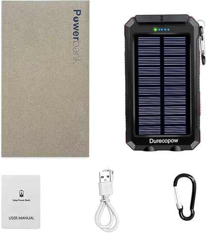 Solar Charger Power Bank, 20000mAh Portable Outdoor Waterproof Solar Battery Charger, Camping External Backup Battery Pack USB C Ports Input/Output, 2 Led Light Flashlight with Compass (Red)