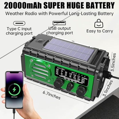 20000mah Emergency Radio, SW/NOAA/AM/FM Weather Radio, Solar Powered Hand Crank Chager with Bige Batery Powered,Portable,Cellphone Charge,SOS,Flashlight for Emergency/Home