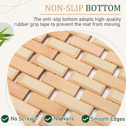 downluxe Bamboo Bath Mat for Bathroom - Waterproof Bamboo Shower Mat Non Slip, Foldable Bathroom Floor Mat for Indoor & Outdoor (Natural Color, 15" X 24", Small)