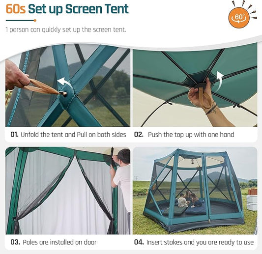 Instant Tents for Camping Pop Up Screen Tent with Rainfly and Porch, 6 Person Large Family Camping Tent with Floor, Easy 60S Setup Hub Tent for Outdoor Picnic Backyard, 11.5'L x 10'W x 6.83'H