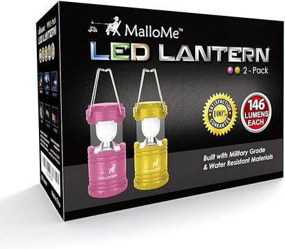 MalloMe Camping Lantern Pink Yellow 2 Pack Lanterns for Power Outages, Camping Lights for Tent Hanging, Camp Light Tent Lamp Emergency Battery Powered LED Lantern (Rechargeable Batteries Not Included)