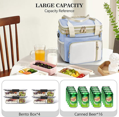 Lunch Box & Lunch Bag for Women, Large Insulated Adult Lunch Box Leakproof Lunchbox Cooler Bag for Work Picnic Beach,16L, Sky Blue & White