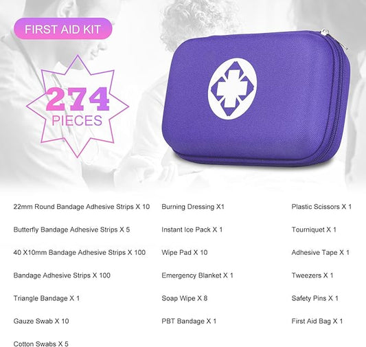 274PCS Compact First Aid Kits for Home Businesses Urgent First Aid Essential Travel Size Car Emergency Supplies Kit for Hiking Boating Skating, Purple Monoki