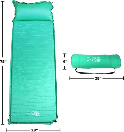 OSAGE RIVER Self Inflating Sleeping Pad with Built-in Pillow, Compact Memory Foam Sleep Mat, Camping Air Mattress for Tent, Travel, Backpacking, or Hiking