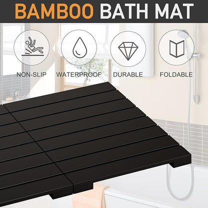 Waterproof Bamboo Bath Mat for Shower, Foldable | Non-Slip | Heavy Duty, Wooden Bath Mat, Floor Mat and Doormat for Indoor Outdoor (Black, 23.5 x 15.6IN)