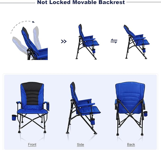 Outdoor Folding Camping Chair Heavy Duty Movable High Back Collapsible Padded Chair with Storage Bag for Outside Camping Activities, Blue