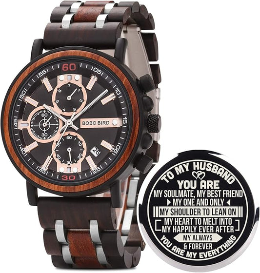 BOBO BIRD S18-1 Personalized Engraved Wood Watch Customized Wooden Watches for Husband Boyfriend Birthday Anniversary