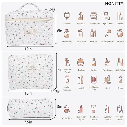 Makeup Bag,Quilted Cosmetic Bag,Large Floral Make Up Bag for Women,Cotton Makeup Bag Set,Flower Travel Toiletry Bag