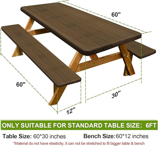 Picnic Table Cover with Bench Covers Camping Essentials Waterproof Windproof Camping Tablecloth with Drawstring Bag, Fitted Rectangle Tables and Seats, 60in, Dark Brown