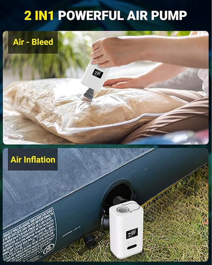 OMQ Portable Air Pump for Inflatables,Electric Air Mattress Pump with Camping Lantern & LED Display, Mini Air Pump 2X Quick Inflate Deflate for Pool Floats, Vacuum Storage Bags