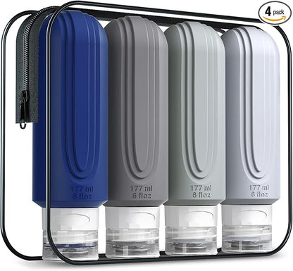 Travel Bottles for Toiletries, Large 6oz Oversize Containers, BPA Free Leak Proof Tubs Refillable Liquid Travel Accessories with Toiletry Bag for Cometic Shampoo and Lotion Soap (4 Pack)