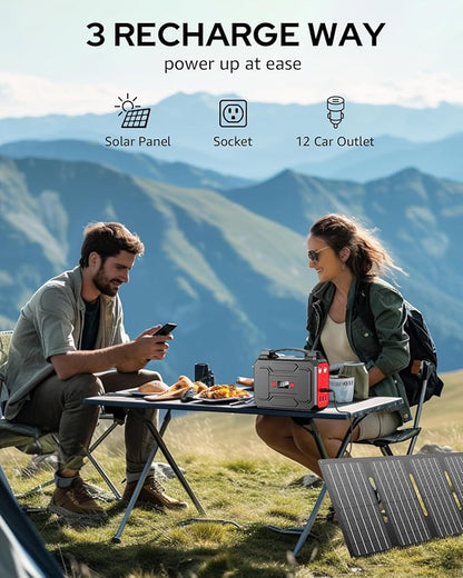 Apowking 146Wh Portable Power Station Bank 200W Peak(100W Rated) Solar Powered Power Bank with AC Outlet 110V, 39600mAh, USB QC3.0 Fasting Charging, LED Flashlights for Home Camping Emergency