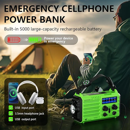 NOAA-Certified Emergency Weather Radio, AM/FM Portable Solar Hand Crank Powered with Flashlight & Reading Lamp for Emergency, Rechargeable Battery, SOS Alarm, Cell Phone Charger for Outdoor & Home Use