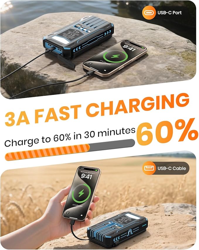 SOARAISE Solar Charger Power Bank - 48000mAh Wireless Portable Charger Built-in 4 Cables and 4 Solar Panels, PD QC 3.0 Fast Charging USB C Battery Pack with Flashlight for Camping Travel (Blue)