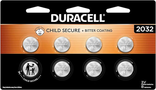 Duracell 2032 Lithium Battery. 8 Count Pack. Child Safety Features. Compatible with Apple AirTag, Key Fob, and other devices. CR2032 Battery Lithium Coin. CR 3V Cell