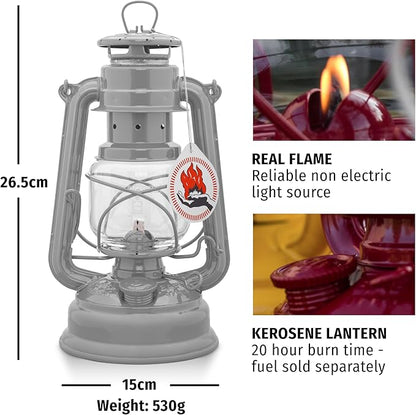 Outdoor Kerosene Fuel Lantern, German Made Weather Resistant Baby Special 276 Galvanized Hurricane Lamp for Camping or Patio, 10 Inches, Sparkling Iron Gray