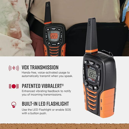 Cobra ACXT645 Waterproof Walkie Talkies for Adults with Compatible Cobra Surveillance Headset Microphone: Rechargeable, 22 Channels, 35-Mile Range, 2 Two-Way Radios, 2 Headsets, Black/Orange