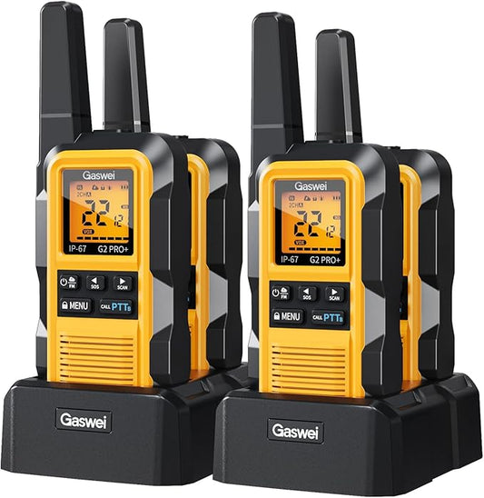 G2pro+ Heavy Duty Walkie Talkies for Adults，Rechargeable Long Range Two Way Radios 2 watts ，NOAA Weather，FM Radio，IP67 Waterproof，VOX ，Double PTT，Li-ion Battery (4 Pack - Yellow)