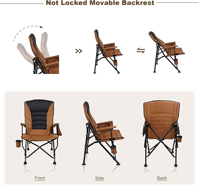 Outdoor Folding Camping Chair Heavy Duty Movable High Back Collapsible Padded Chair with Storage Bag for Outside Camping Activities, Brown