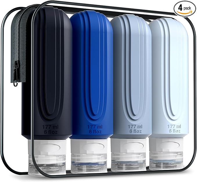 Travel Bottles for Toiletries, Large 6oz Oversize Containers, BPA Free Leak Proof Tubs Refillable Liquid Travel Accessories with Toiletry Bag for Cometic Shampoo and Lotion Soap (4 Pack)