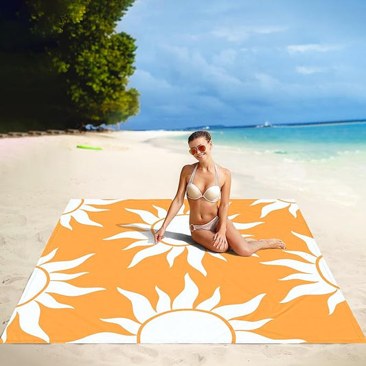 Large Beach Blanket Waterproof Sandproof, 78''×86'' Beach Mat Sand Free for 2-4 Adult with Stakes and Pocket, Foldable Picnic Blankets for Outdoor, Camping Hiking, Vacation Essentials-Boho Sun Rise