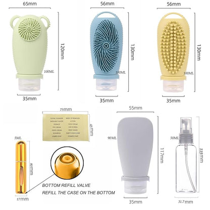 Squeezable Silicone Travel Bottles for Toiletry Leakproof TSA Approved Travel Size Container Multi-functional Travel Essentials with Facial Brush Body Scrub Scalp Massage