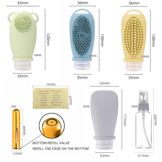 Squeezable Silicone Travel Bottles for Toiletry Leakproof TSA Approved Travel Size Container Multi-functional Travel Essentials with Facial Brush Body Scrub Scalp Massage