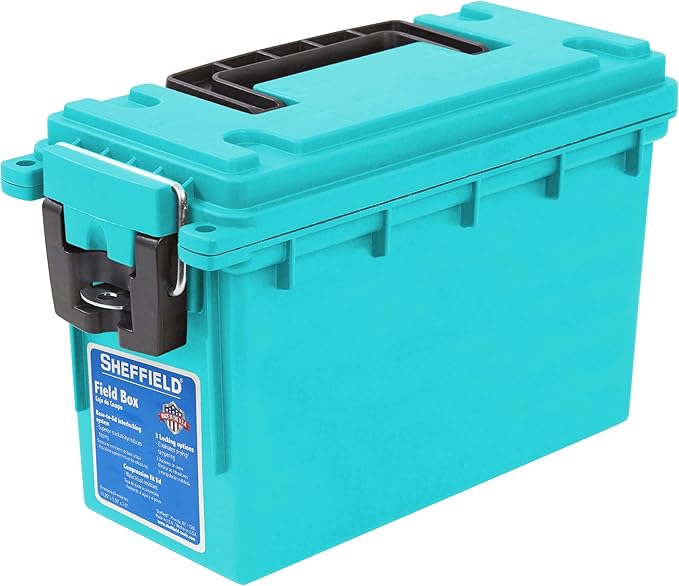 Sheffield 12633 Ammo Storage Box, Stackable .30 Cal Field Boxes, Water and Dust Resistant, Lockable Storage Box with Handle, Secures Hunting Gear, Supplies, and Bullets, Made in USA, Teal, 1-Pack