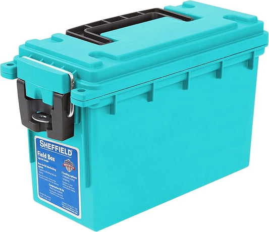 Sheffield 12633 Ammo Storage Box, Stackable .30 Cal Field Boxes, Water and Dust Resistant, Lockable Storage Box with Handle, Secures Hunting Gear, Supplies, and Bullets, Made in USA, Teal, 1-Pack