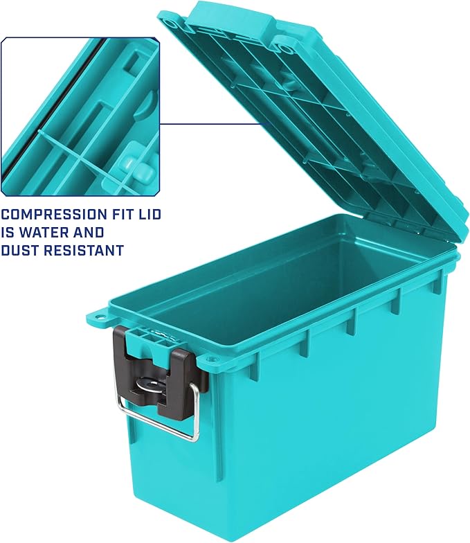 Sheffield 12633 Ammo Storage Box, Stackable .30 Cal Field Boxes, Water and Dust Resistant, Lockable Storage Box with Handle, Secures Hunting Gear, Supplies, and Bullets, Made in USA, Teal, 1-Pack