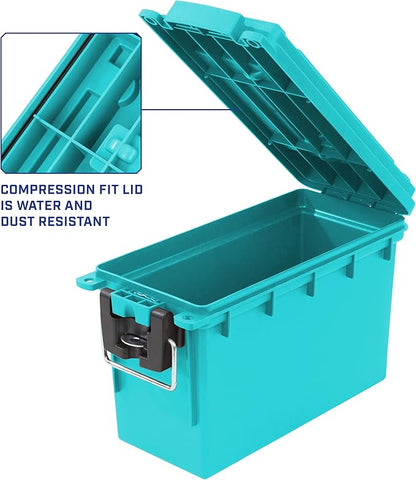 Sheffield 12633 Ammo Storage Box, Stackable .30 Cal Field Boxes, Water and Dust Resistant, Lockable Storage Box with Handle, Secures Hunting Gear, Supplies, and Bullets, Made in USA, Teal, 1-Pack