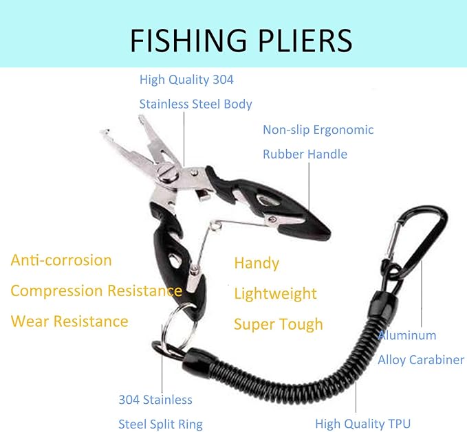 Fishing Pliers, Multi-Function Hook Remover Split Ring Fishing Gears Accessories, Stainless Steel Line Cutter with Sheath and Lanyard Fly Fishing Tools Set