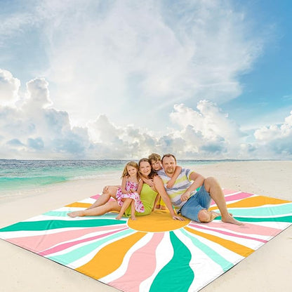 Beach Blanket Waterproof Sandproof, Large Picnic Blankets with Stakes and Storage Bag, Lightweight Quick Drying, Compact Beach Mat Vacation Essentials for Outdoors, Camping, Trips-Spring Sunshine