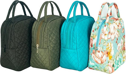 Machine Washable Women Quilted Fabric Insulated Reusable Cooler Lunch Bag Tote Adult Thermal Lunch Box Storage Bag for Ｗork (Green)