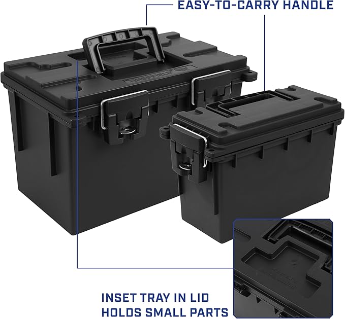 Sheffield 12706 2-Pack Combo Ammo Storage Boxes, .30 Cal and .50 Cal Field Boxes, Water and Dust Resistant, Lockable Storage Box with Handle for Hunting Gear and Bullets, Made in the USA, Black