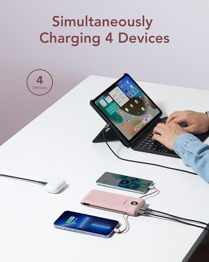 VEGER Portable Charger with Built-in AC Plug and Cables, All in One 10000mAh Ultra-Slim Power Bank, 15W Fast Charging for iPhone, Samsung, Android, Travel Essential (Crepe)