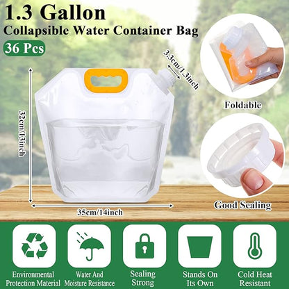 Tessco for you 36 Pcs 1.3 Gallon Collapsible Water Storage Bag Water Container Emergency Jug Plastic Storage Pouch Freezable Carrier Tank Foldable Bottle for Outdoor Sport Camping Hiking (Clear)