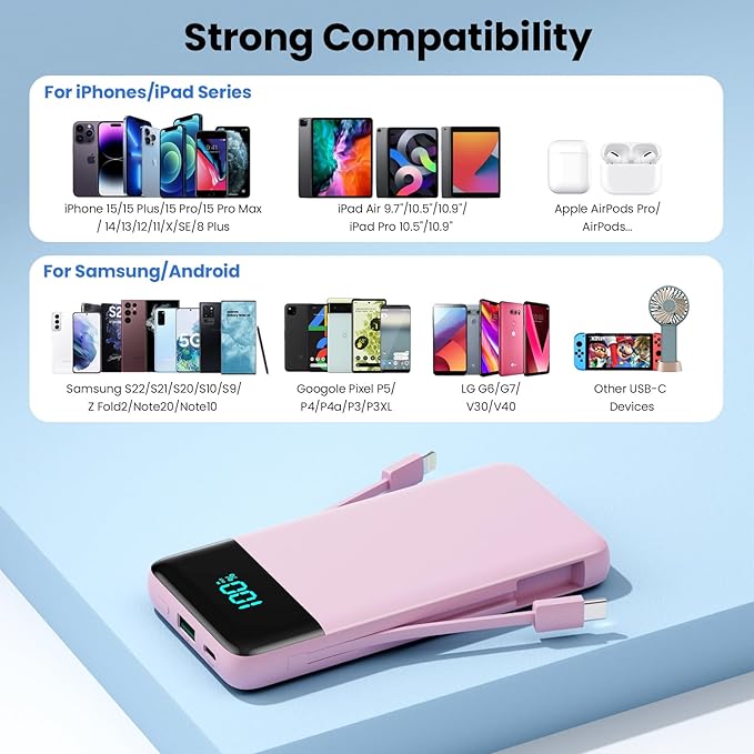 Portable Charger for iPhone with Built in Cables and Wall Plug,Upgraded 13800mAh Fast Charging USB C Power Bank,4 Outputs Travel Essential Battery Pack Compatible with iPhone 15/14/13/12,Samsung-Pink