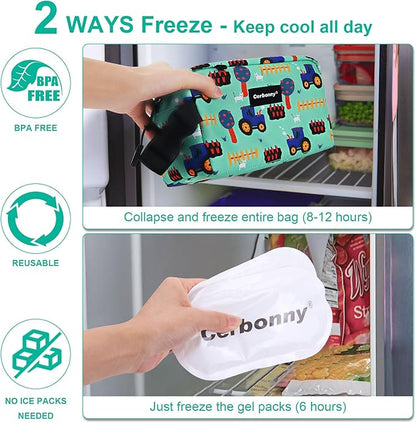 Cerbonny Small Cooler Bag Freezable Lunch Bag for Work School Travel,Small Lunch Bag,Small Insulated Bag For Kids/Adults,Freezer Lunch Bags,Mini Lunch Bag Fit For Yogurt,Suit for 3+(green vehicle)